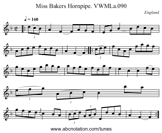 Miss Bakers Hornpipe. VWMLa.090 - staff notation
