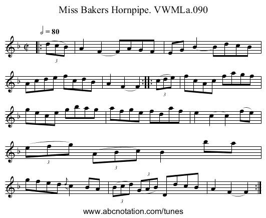 Miss Bakers Hornpipe. VWMLa.090 - staff notation
