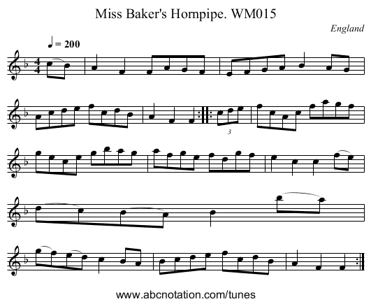 Miss Baker's Hornpipe. WM015 - staff notation