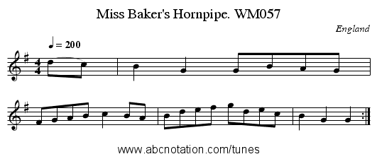 Miss Baker's Hornpipe. WM057 - staff notation