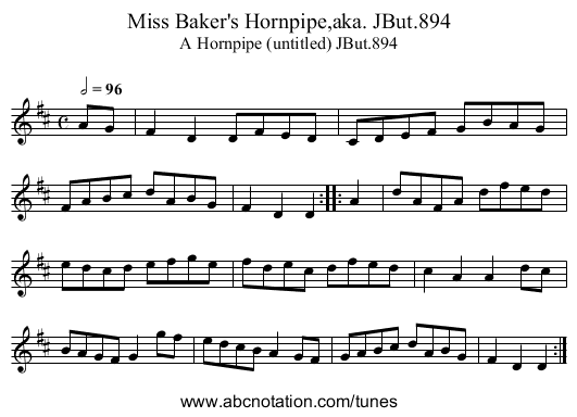 Miss Baker's Hornpipe,aka. JBut.894 - staff notation