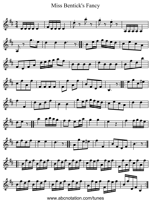 Miss Bentick's Fancy - staff notation