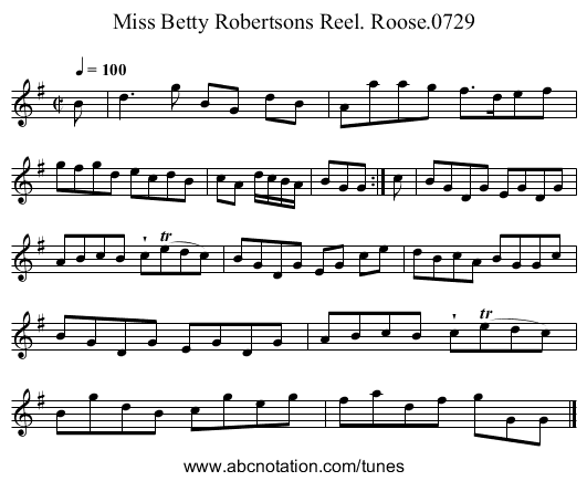Miss Betty Robertsons Reel. Roose.0729 - staff notation