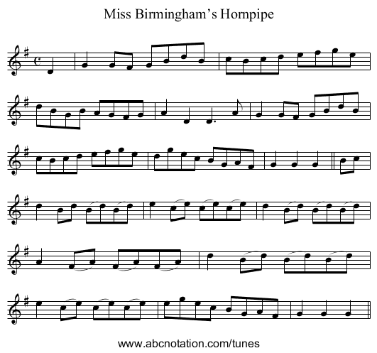 Miss Birmingham’s Hornpipe - staff notation