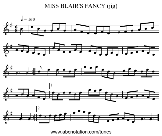 MISS BLAIR'S FANCY (jig) - staff notation