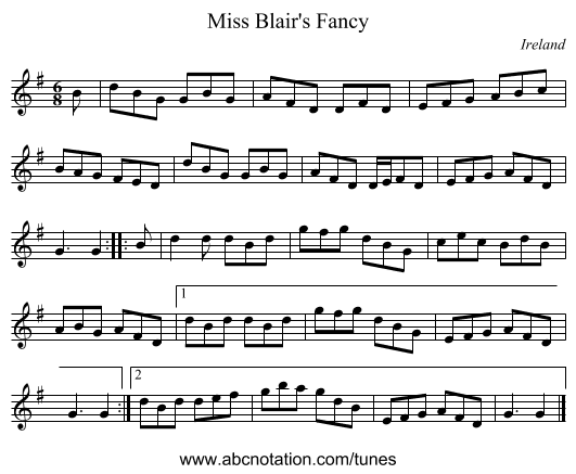Miss Blair's Fancy - staff notation