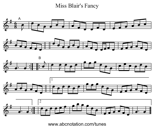 Miss Blair's Fancy - staff notation