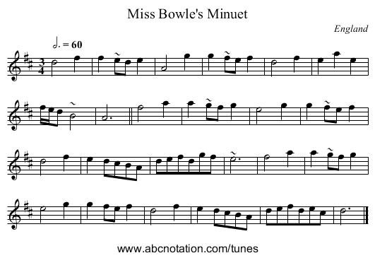 Miss Bowle's Minuet - staff notation