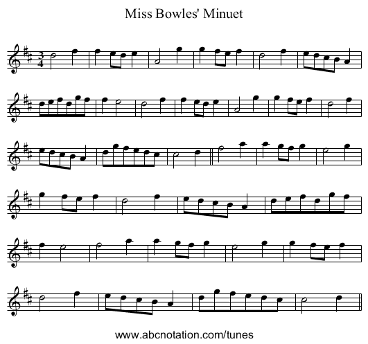 Miss Bowles' Minuet - staff notation