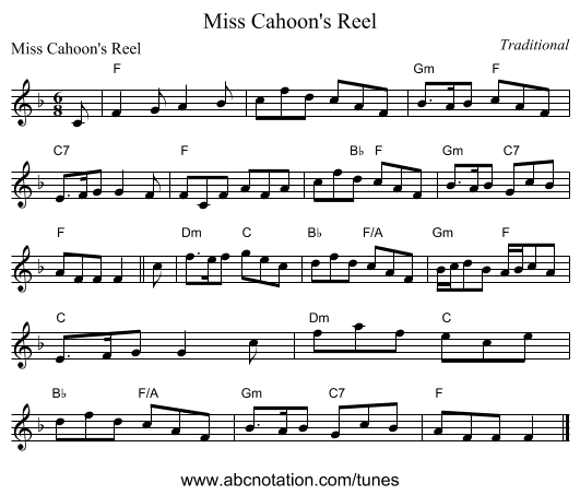 Miss Cahoon's Reel - staff notation