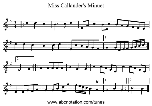 Miss Callander's Minuet - staff notation