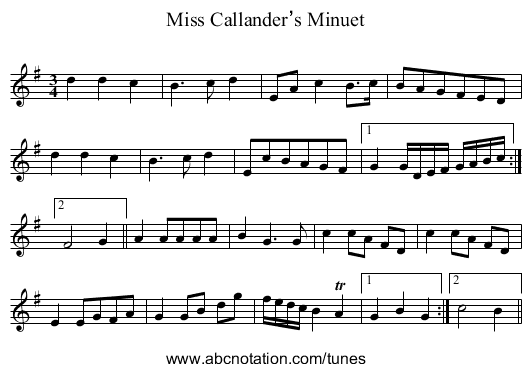 Miss Callander’s Minuet - staff notation