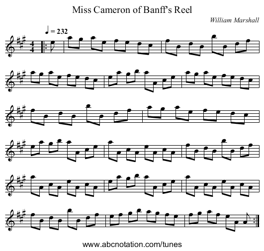 Miss Cameron of Banff's Reel - staff notation