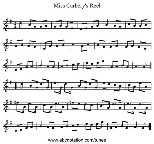 Miss Carbery's Reel - staff notation