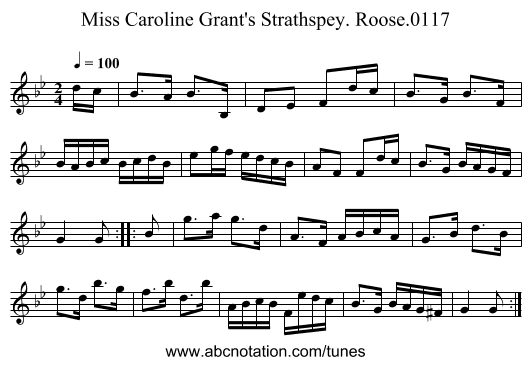 Miss Caroline Grant's Strathspey. Roose.0117 - staff notation