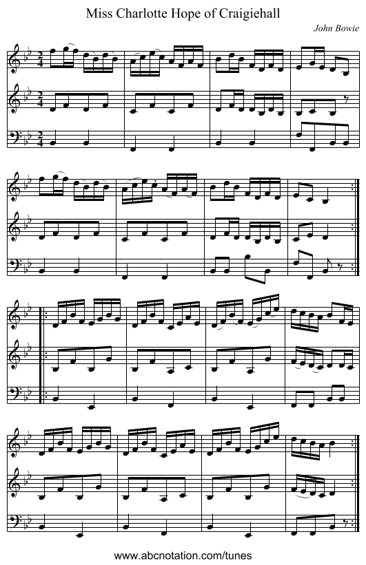 Miss Charlotte Hope of Craigiehall - staff notation