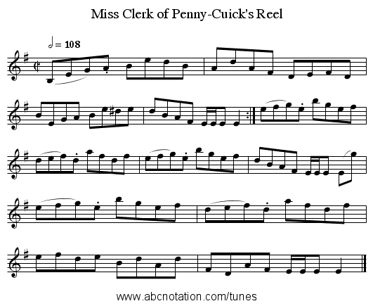 Miss Clerk of Penny-Cuick's Reel - staff notation