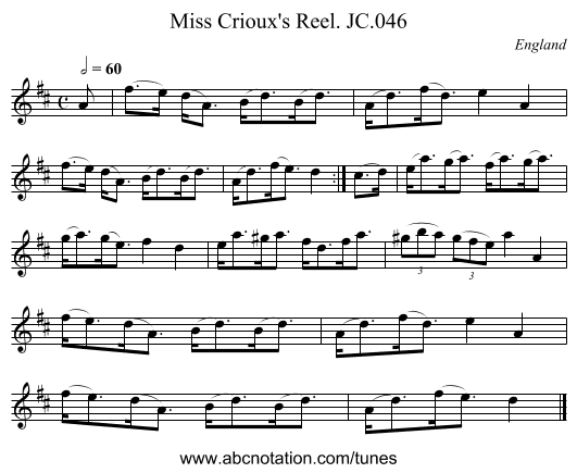 Miss Crioux's Reel. JC.046 - staff notation