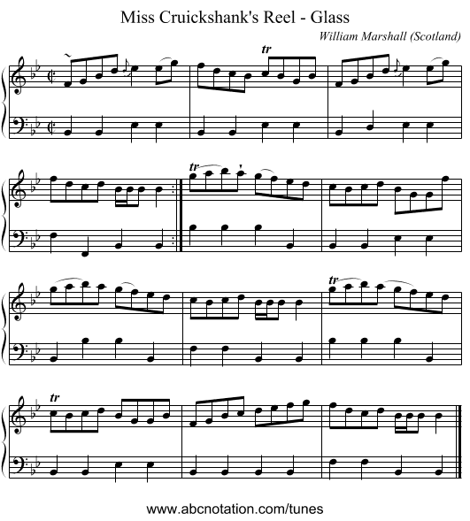 Miss Cruickshank's Reel - Glass - staff notation