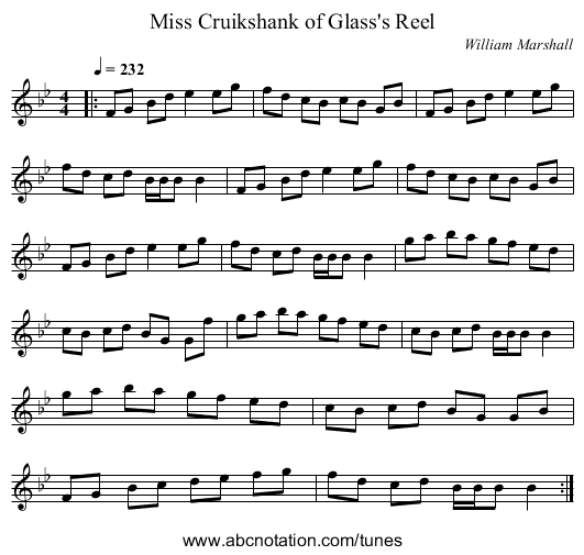 Miss Cruikshank of Glass's Reel - staff notation