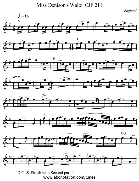 Miss Denison's Waltz. CJF.211 - staff notation