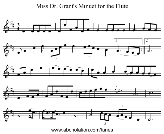 Miss Dr. Grant's Minuet for the Flute - staff notation