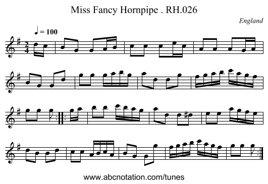 Miss Fancy Hornpipe . RH.026 - staff notation