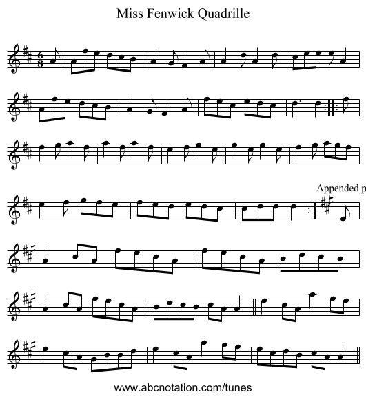 Miss Fenwick Quadrille - staff notation