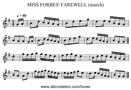 MISS FORBES' FAREWELL (march) - staff notation