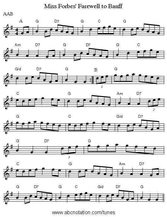 Miss Forbes' Farewell to Banff - staff notation