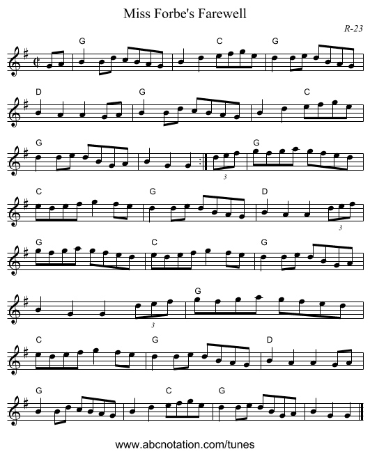 Miss Forbe's Farewell - staff notation