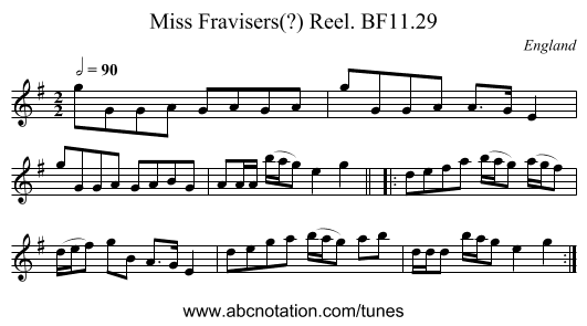 Miss Fravisers(?) Reel. BF11.29 - staff notation