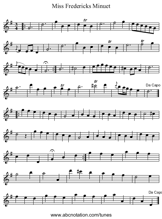 Miss Fredericks Minuet - staff notation