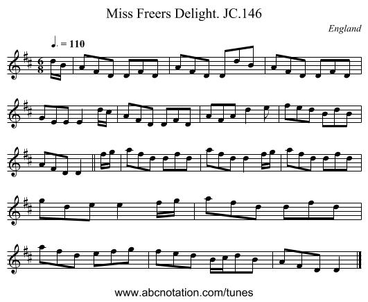 Miss Freers Delight. JC.146 - staff notation