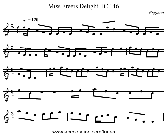 Miss Freers Delight. JC.146 - staff notation