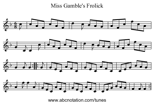 Miss Gamble's Frolick - staff notation