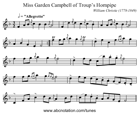 Miss Garden Campbell of Troup’s Hornpipe - staff notation