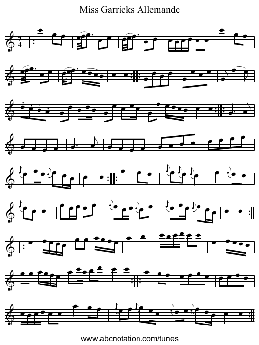 Miss Garricks Allemande - staff notation