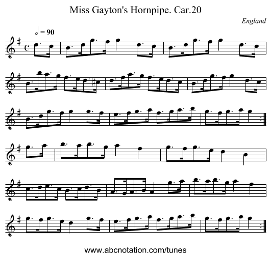 Miss Gayton's Hornpipe. Car.20 - staff notation