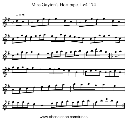 Miss Gayton's Hornpipe. Le4.174 - staff notation
