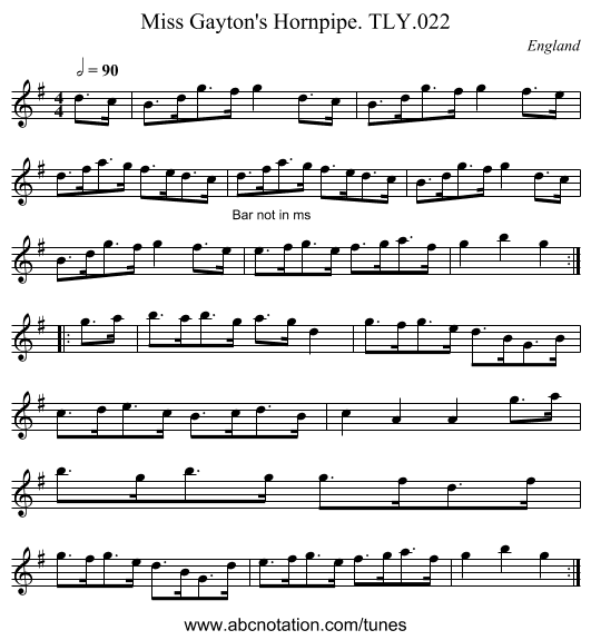 Miss Gayton's Hornpipe. TLY.022 - staff notation