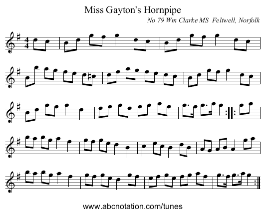 Miss Gayton's Hornpipe - staff notation