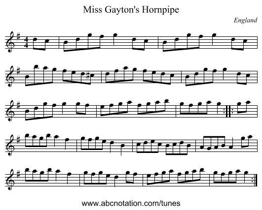 Miss Gayton's Hornpipe - staff notation