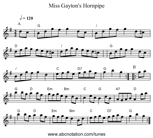 Miss Gayton's Hornpipe - staff notation