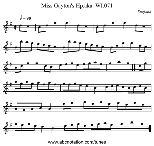 Miss Gayton's Hp,aka. WI.071 - staff notation