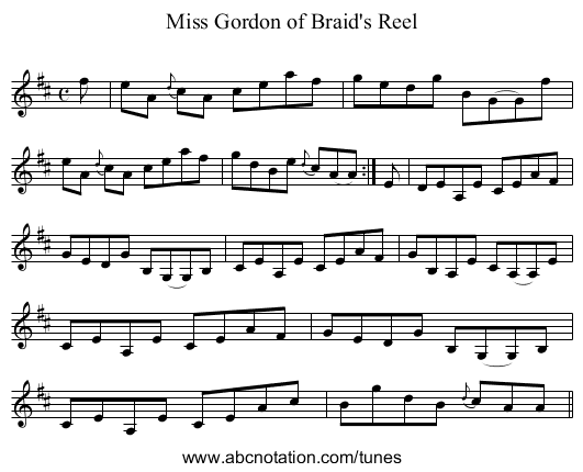 Miss Gordon of Braid's Reel - staff notation