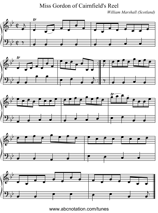 Miss Gordon of Cairnfield's Reel - staff notation