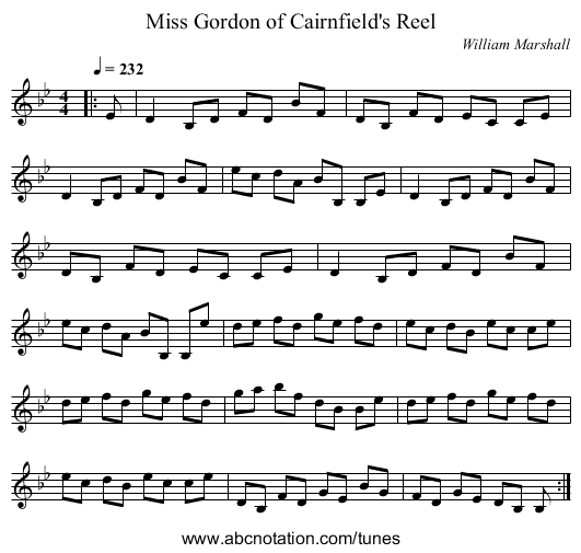 Miss Gordon of Cairnfield's Reel - staff notation