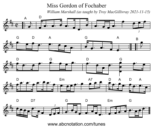 Miss Gordon of Fochaber - staff notation