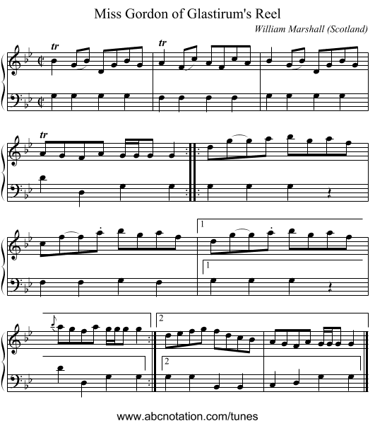 Miss Gordon of Glastirum's Reel - staff notation